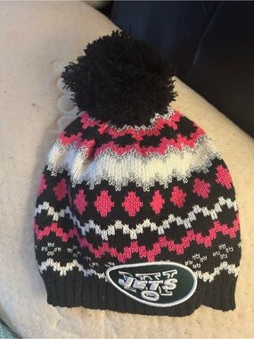 Kids Pom Pom Beanie Hat in Black, Pink & White